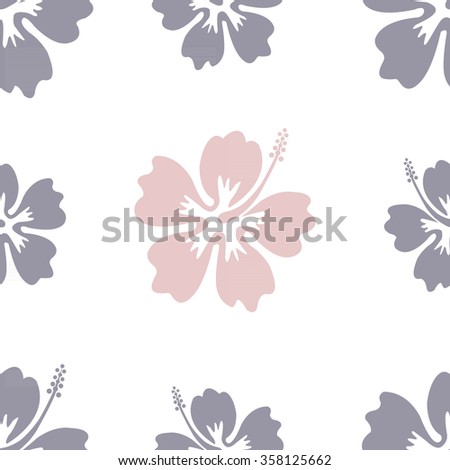 Seamless repeat pattern with hibiscus flowers and in rose quarts and lilac grey