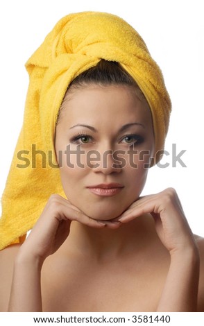 Photo of young model with towel after fresh shower