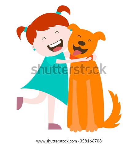 girl hugging a dog , love for animals , friendship , vector graphics