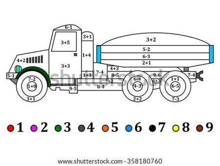 Old truck with the numerical examples for little kids - coloring book - vector