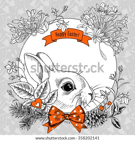 Template easter card. Image of small rabbit with bow in flowers and plants. Vector illustration.