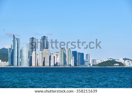 Marine city in Busan. It is a luxury and prestigious residential area constructed on Suyeong bay reclaimed land in Haeundae District. Royalty-Free Stock Photo #358211639