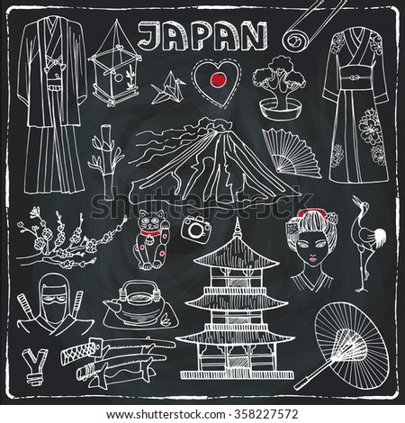 Japan doodle elements.Vintage symbols,icons set.Japanese Vector hand drawn  illustration,Chalkboard background.Traditional souvenirs from Japan.Travel vector.Architectural,cultural,historical kit