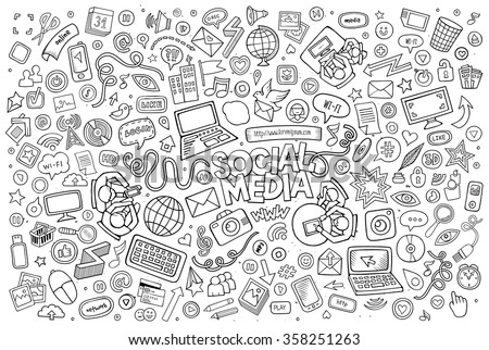Vector line art Doodle cartoon set of objects and symbols on the Social Media theme Royalty-Free Stock Photo #358251263