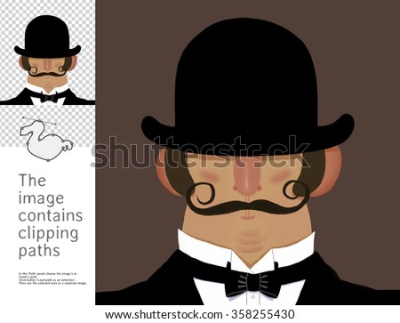 The illustration of the gentleman wearing derby hat with mustache.  A part of Dodo collection - a set of educational cards for children. The image has clipping paths and you can cut the image out. 