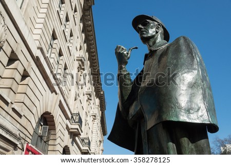 Sherlock Holmes statue outside Baker Street underground station, London, England, UK Royalty-Free Stock Photo #358278125