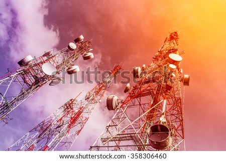 Telecommunication mast TV antennas wireless technology with blue Royalty-Free Stock Photo #358306460