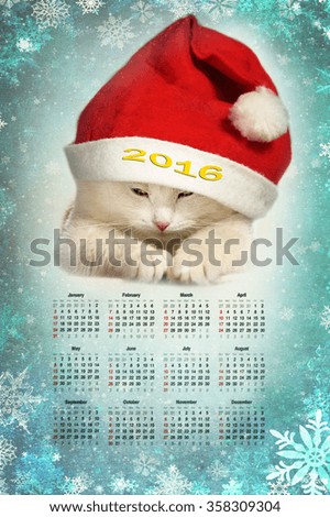 cool tom cat in santa claus hat 2016 calendar with month net and snow flakes