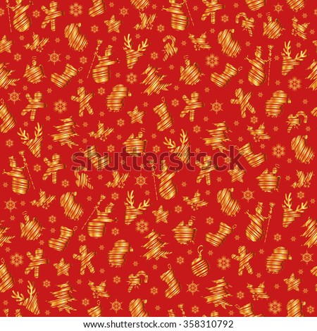 Illustration of seamless pattern with Christmas symbols in gold and red colors

