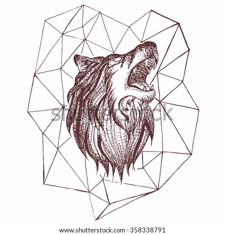 Geometric vintage wolf predator, black and white tattoo, decorative retro style. Isolated vector illustration