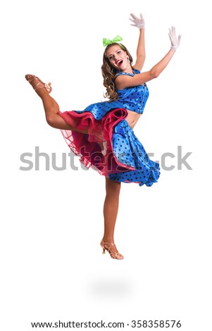 Disco dancer woman showing some movements against isolated white background