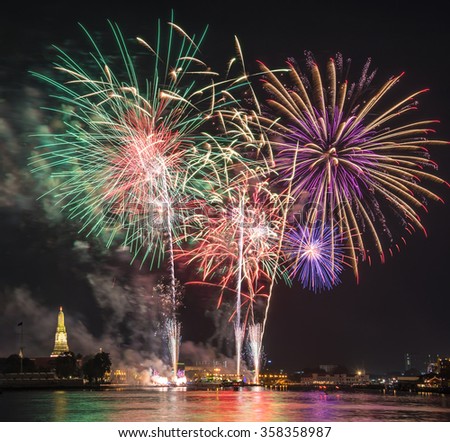 Firework at Wat arun under new year 2016 celebration time, Thailand.