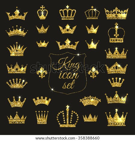 Gold crown set. Glitters set of king crowns.