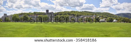The Military Academy at West Point, New York. Parade grounds in front of main building. HQ panorama. Royalty-Free Stock Photo #358418186