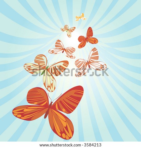 Butterfly migration, red, orange, green against a light green light burst, vector illustration