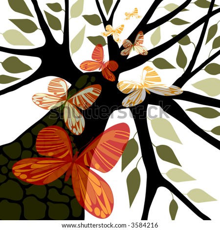 Tree silhouette with red, orange, green butterflies & green leaves, white background, vector illustration, eps10