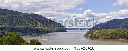 Hudson River at West Point where American Army block British Army by chains booms across the river edge in 1778-1782. Royalty-Free Stock Photo #358426418