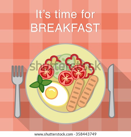 Breakfast table with sausages, fried egg and vegetables on a plate, knife and fork
