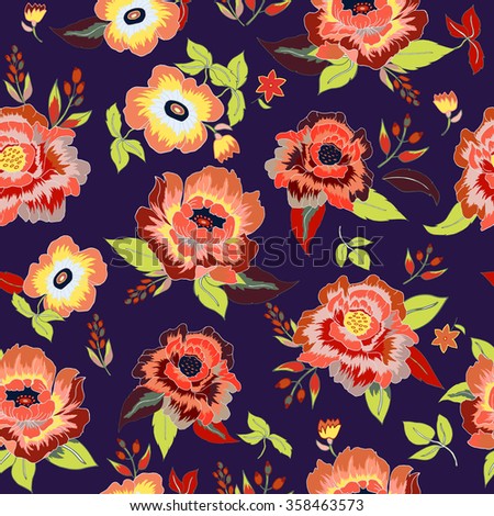 Seamless floral background. Colorful isolated flowers and leafs on dark blue background. Vector illustration.
