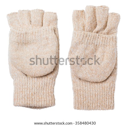 Knitted gloves with the cut-off ends on a white background