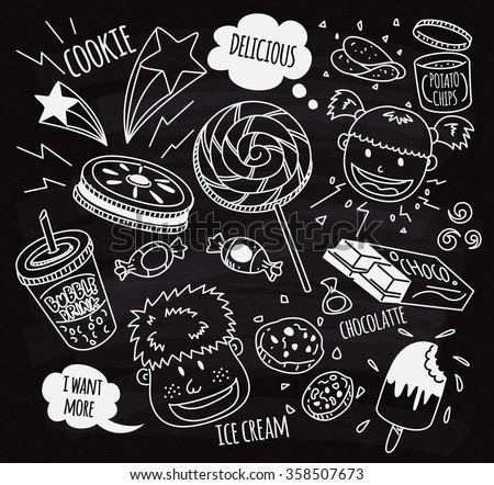 Sweet and snack with happy kids doodle on chalk board