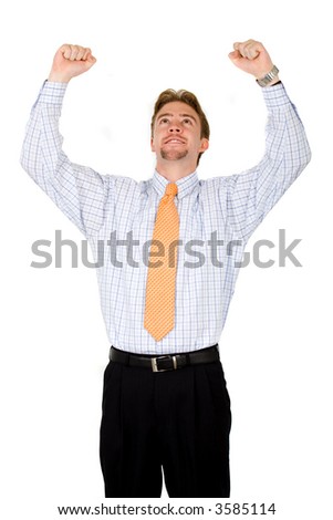 success in business - businessman with his arms up over a white background