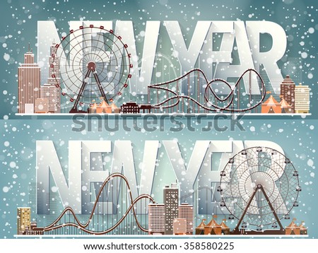 Ferris wheel. Winter carnival. Christmas, new year. Park with snow. Roller coaster.