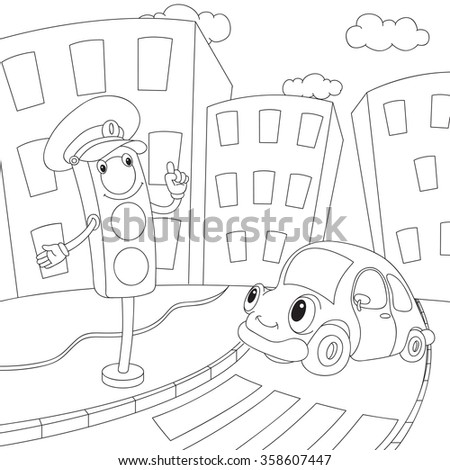 Cartoon car and traffic lights. Coloring book for kids. Vector illustration