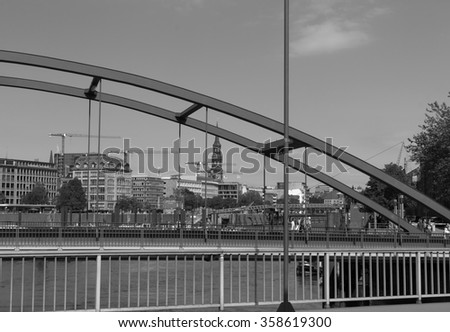 views of the historic center of Hamburg, Germany.
black and white photo