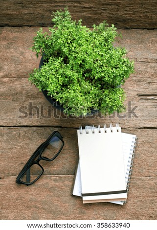 Blank notepad and eyeglasses with flower pot.Top view with copy space.