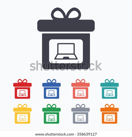 Gift box sign icon. Present with notebook pc symbol. Colored flat icons on white background.