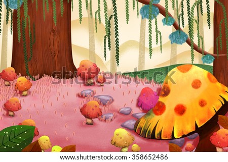 Illustration: Sweet Mushroom Forest. Realistic Fantastic Cartoon Style Artwork Scene, Wallpaper, Game Story Background, Card Design
