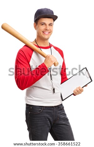 Vertical shot of a young male baseball coach holding a clipboard and looking at the camera isolated on white background