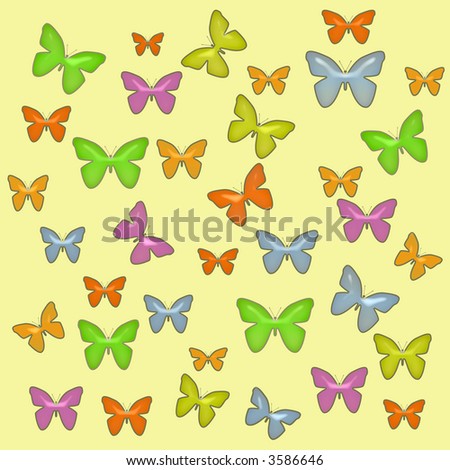 colorful pastel butterflies scattered on yellow  background