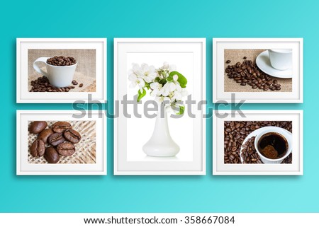 Frames collage with collection of coffee motif posters and vase with spring flowers