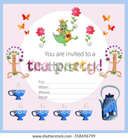 Tea party invitation for kids. Card with happy dragon, flowers and butterflies, teapot and cups. Teatime. Vector template.