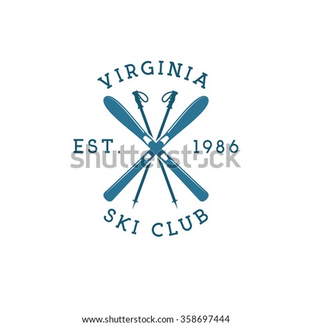 Winter sports ski club Label. Vintage Mountain explorer badge. Outdoor adventure logo design. Travel hipster color insignia. Snowboard icon symbol. Camping emblem. Wilderness Vector illustration
