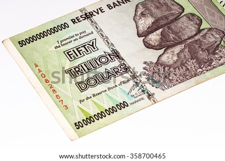 50000000000000 (Fifty trillion) Zimbabwe dollars bank note. One of manny currences in Zimbabwe