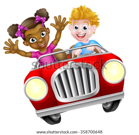 A cartoon boy and girl having fun driving fast in a red cartoon car