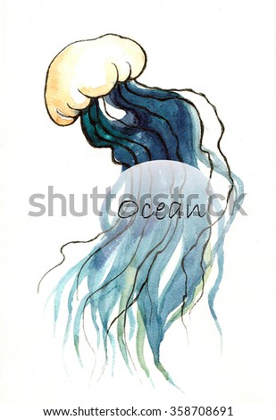 Watercolor Jellyfish on the white background.. Animal silhouette watercolor sketch. Wildlife art illustration. Vintage graphic for fabric, postcard, greeting card, book Royalty-Free Stock Photo #358708691