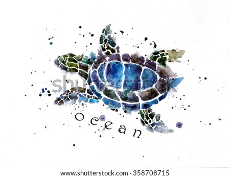 Sea turtle T-shirt graphics, illustration with splash watercolor textured background for fashion print, poster for textiles, fashion design Royalty-Free Stock Photo #358708715