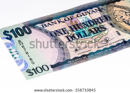 100 Guyanese dollars bank note. Guyanese dollar is the national currency of Guyana