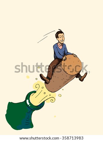 funny concept - a man flying on the cork,  businessman is celebrating