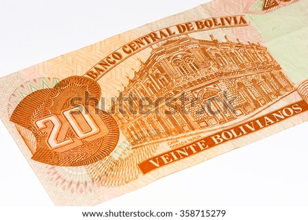 20 bolivianos bank note. Bolivianos is the national currency of Bolivia