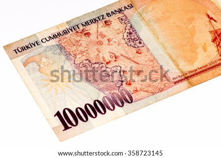 10000000 Turkish liras bank note. Turkish lira is the national currency of Turkey