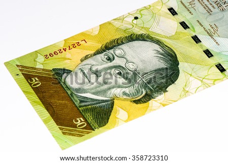 50 Venezuelan bolivares bank note. Bolivares fuertes is national currency of Brasil