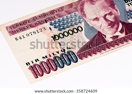 1000000 Turkish liras bank note. Turkish lira is the national currency of Turkey