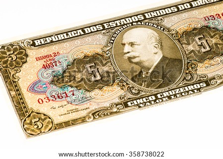 5 Brasilian cruzeiro bank note. Cruzeiro is the former currency of Brasil