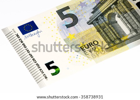 5 euros bank note. Euro is the national currency of the European Union