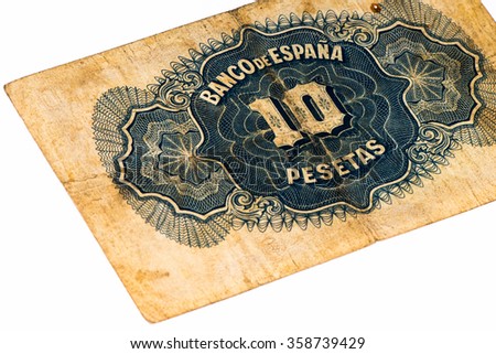 10 Spanish pesetas bank note. Peso is the former currency of Spain
